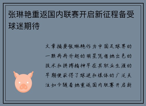 张琳艳重返国内联赛开启新征程备受球迷期待 张琳艳重返国内联赛开启新征程备受球迷期待